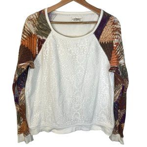 Denim & Supply Crochet Lace Aztec Print Long Sleeve Shirt Top Women S Cream